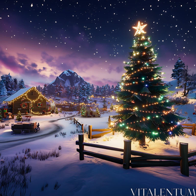 Christmas Village at Night with Festive Decor AI Image