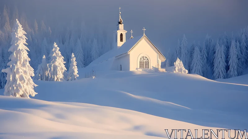 Peaceful Snowy Church in Winter Forest AI Image