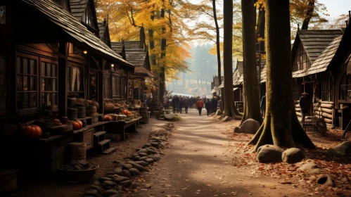 Enchanting Forest Sidewalk with Stone Houses and Fallen Leaves