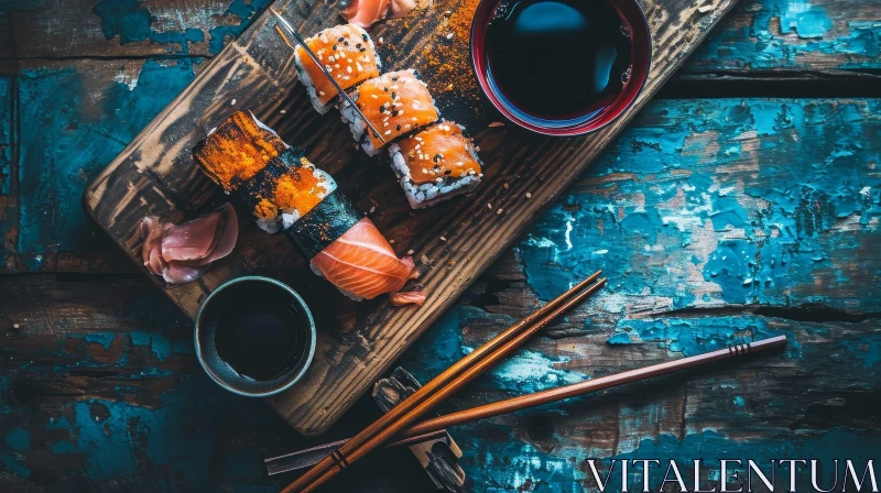 Exquisite Sushi on a Wooden Table: A Visual Feast for Japanese Food Enthusiasts AI Image