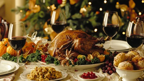 Festive Holiday Dinner Table with Roasted Turkey and Wine