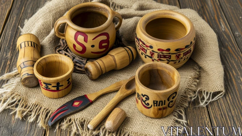 Handcrafted Wooden Kitchen Utensils on Sackcloth | Geometric Patterns AI Image