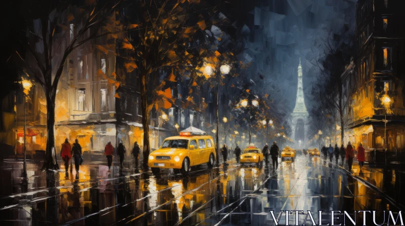 Night Cityscape with Yellow Taxi - Oil Painting AI Image