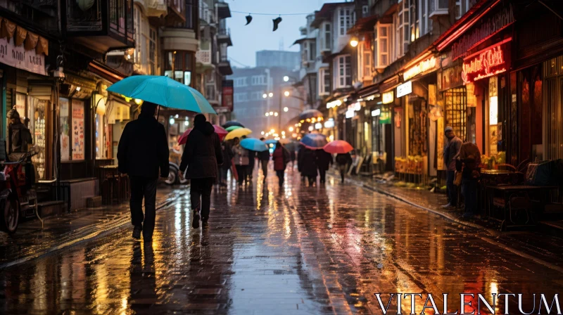 Rainy Night Street Scene: Illuminated Pedestrians in the Rain AI Image