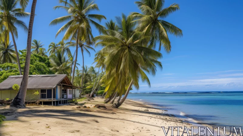 Tranquil Beach Hut with Palm Trees | Nikon D850 | Papua New Guinea Art AI Image