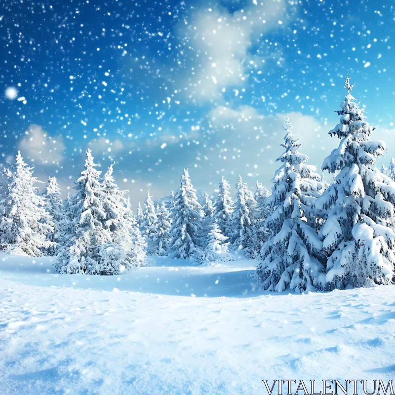 Snowy Forest Under a Clear Blue Sky AI Image