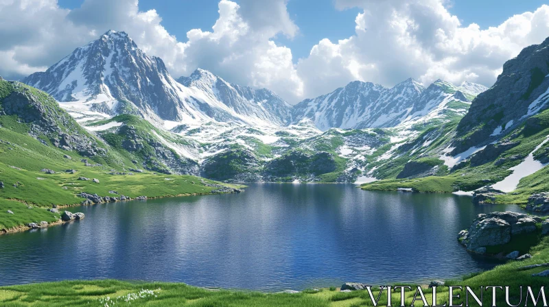 Peaceful Mountain View with Lake and Snow AI Image