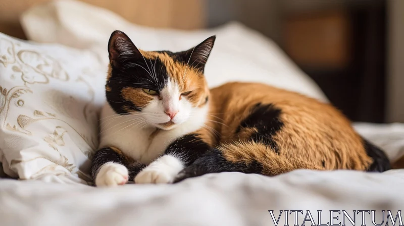 Relaxed Calico Cat on White Bed AI Image