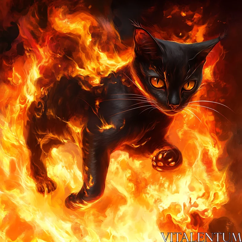 Black Cat in Fiery Flames – Intense Visual Art AI Image