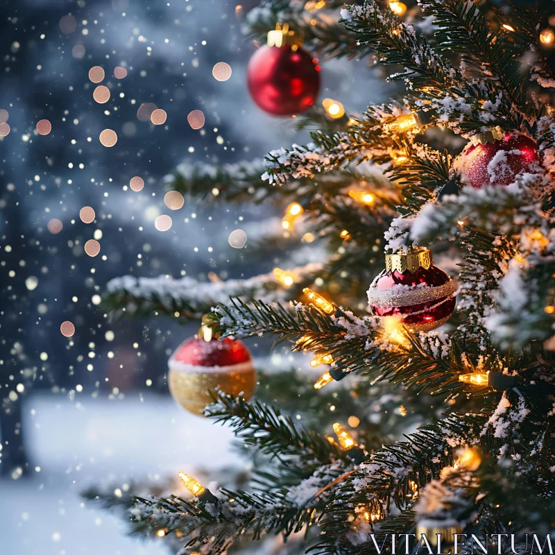 Festive Christmas Tree with Ornaments and Lights in Snow AI Image