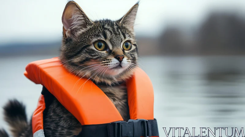 Cat with Life Jacket on Water AI Image