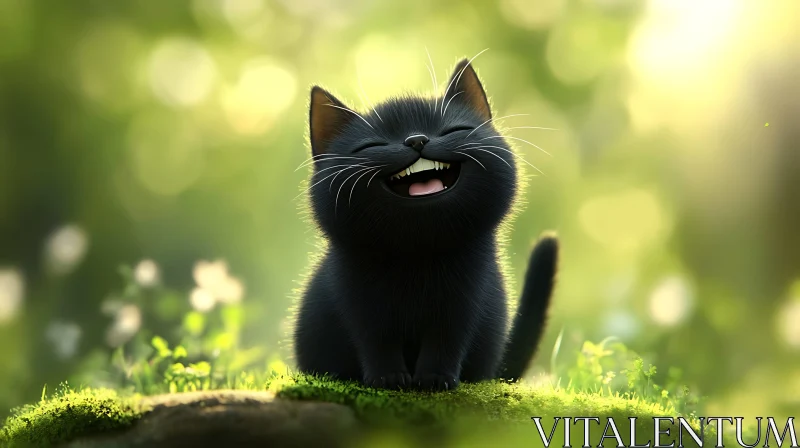 AI ART Cheerful Black Kitten in Sunlit Greenery