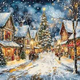 Festive Snowy Village Night