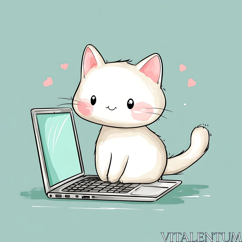 Adorable Kitten and Laptop Illustration AI Image