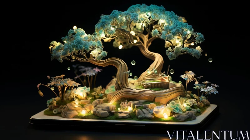 Bonsai Tree 3D Rendering on Wooden Table AI Image