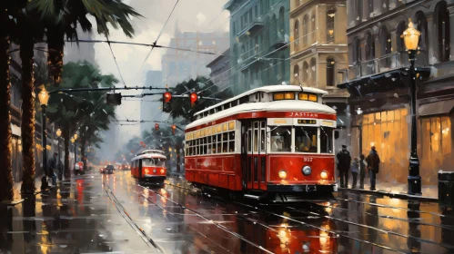 Captivating City Scene with Red and White Trolleys
