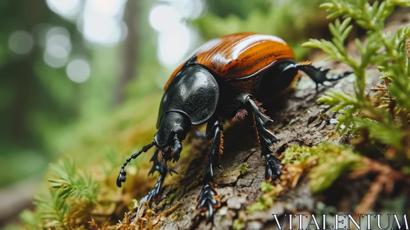 Close-up Photograph of a Fascinating Beetle on Wood in a Forest AI Image