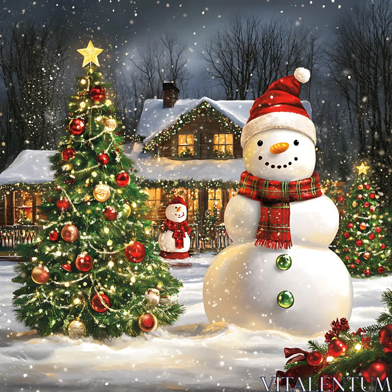 Cheerful Snowman and Decorated Tree in Winter Wonderland AI Image