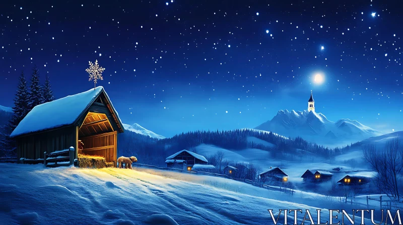 Winter Night in Snowy Village AI Image