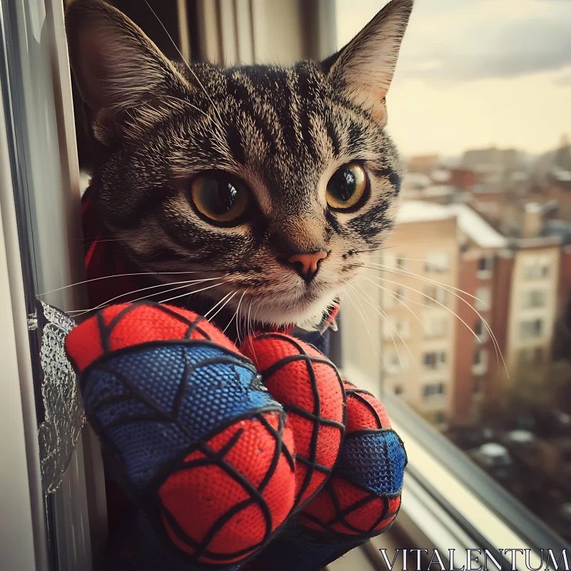 Spider-Cat Costume by the Window AI Image