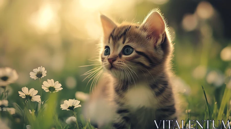 AI ART Young Kitten Amidst Flowers in Sunlight