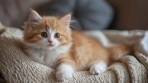 Cute Kitten Lounging on Beige Blanket