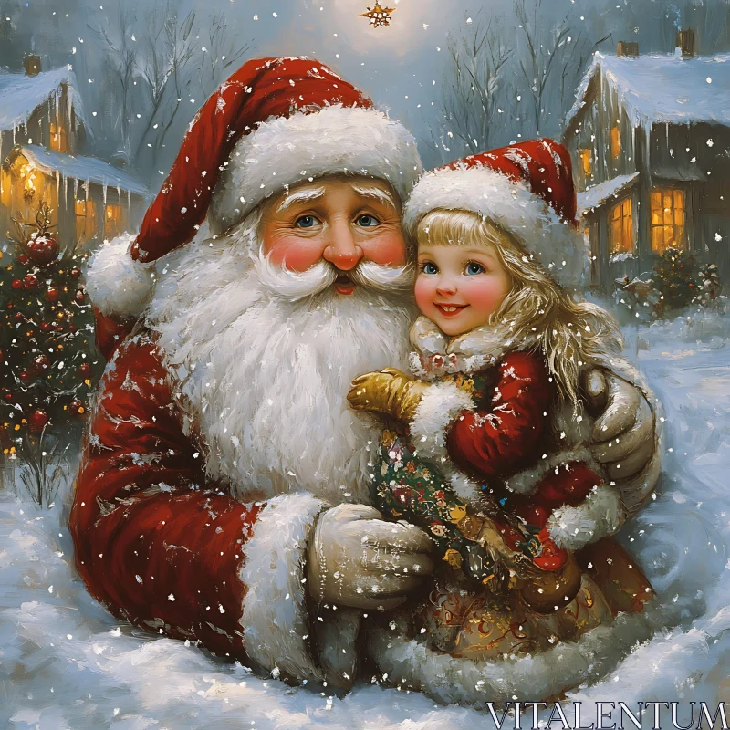 Festive Winter Scene with Santa Claus and Smiling Child AI Image