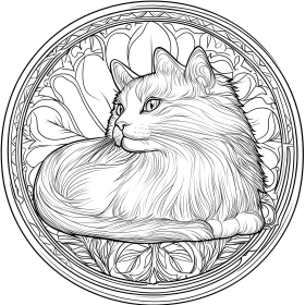 Intricate Cat Line Art in Circular Design