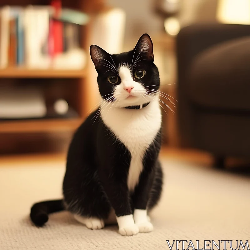 Black and White Cat in a Cozy Living Room AI Image