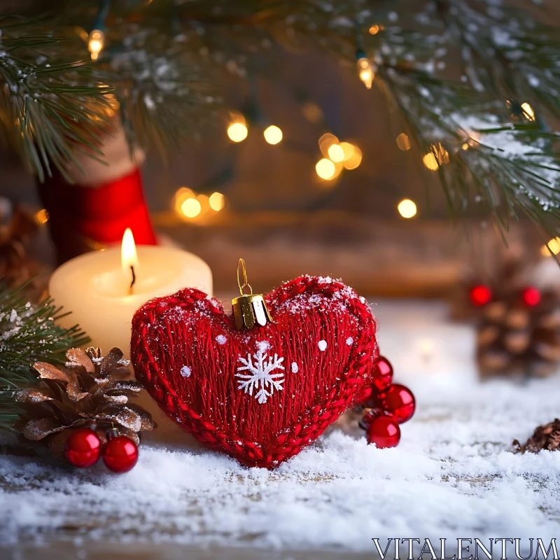 Christmas Hearth with Heart Ornament, Candle, and Pinecones AI Image