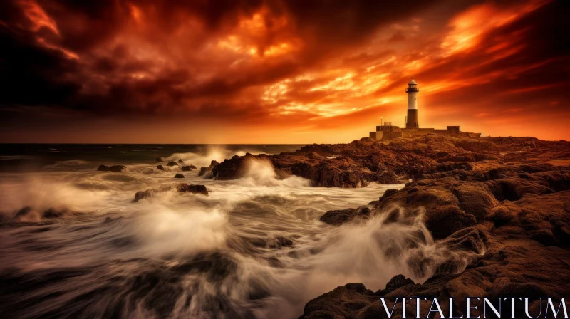 Majestic Lighthouse on a Rock with Powerful Waves - Captivating Seascape AI Image