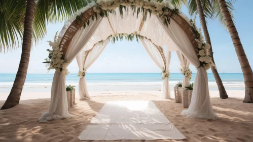 Serene Beach Wedding Scene with Luxurious Drapery