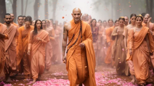 Serene Scene of a Man in Orange Robes Amidst Crowd - Indian Traditions