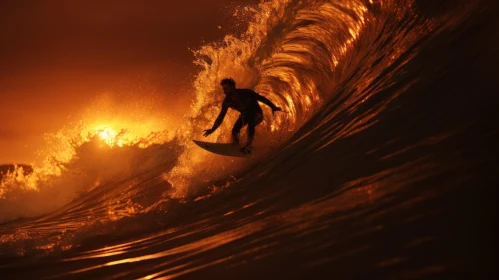 Surfer Riding a Wave at Sunset: Captivating Moment in Dark Amber and Gold