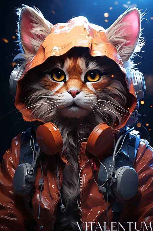 Street Style Cat with Hood and Headphones AI Image