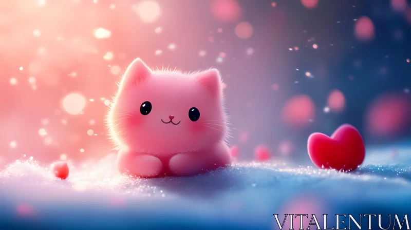 Cute Pink Kitten and Heart in Enchanting Winter Wonderland AI Image