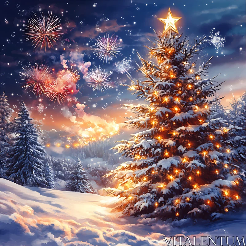 Festive Winter Night with Fireworks and Christmas Lights AI Image