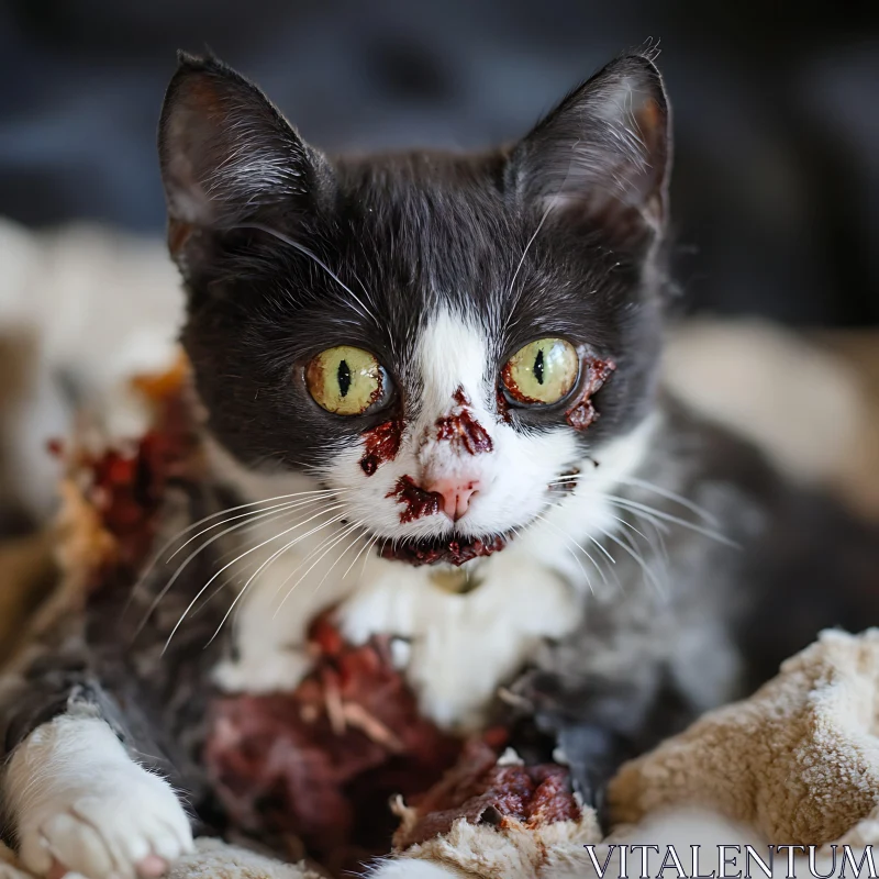 Close-Up of Injured Cat with Yellow Eyes AI Image