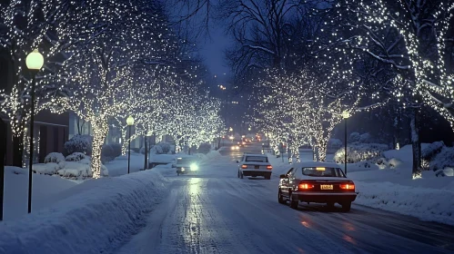 Snowy Street Adorned with Tree Lights