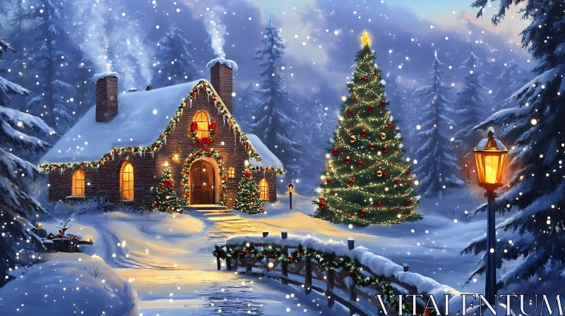 Festive Snowy Christmas Cottage in Winter Wonderland AI Image