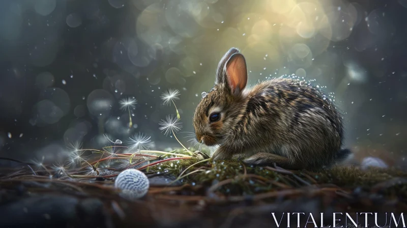 Brown and White Rabbit on Moss Bed surrounded by Dandelion Seeds AI Image