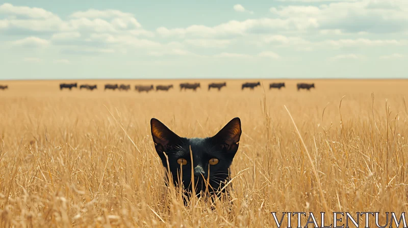 Camouflaged Black Cat in a Field AI Image