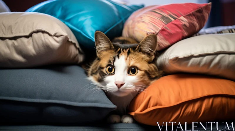 Calico Cat Hiding Among Colorful Pillows AI Image