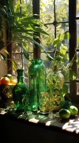 Captivating Still Life: Green Vases and Citrus Fruit on a Window Sill