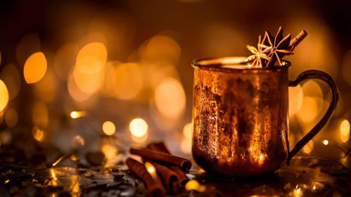 Cozy and Festive: Copper Mug of Mulled Wine or Hot Cider with Christmas Lights