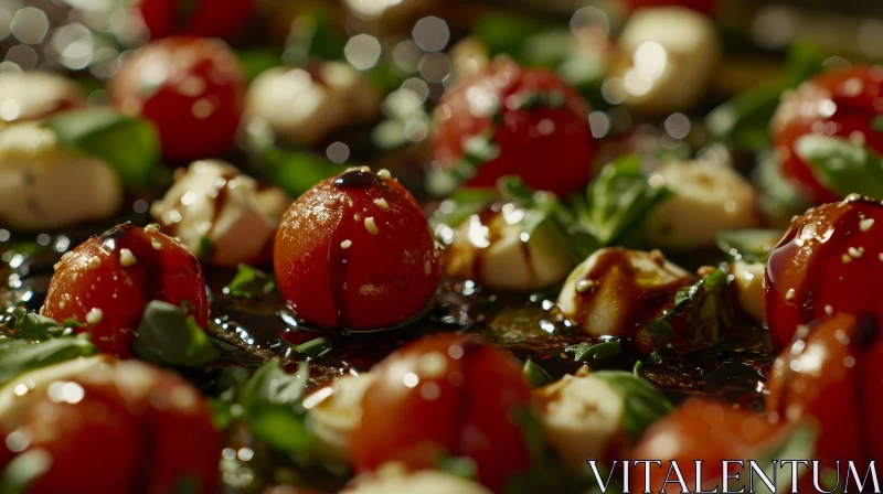 Delicious Plate of Cherry Tomatoes, Mozzarella Balls, and Basil Leaves AI Image