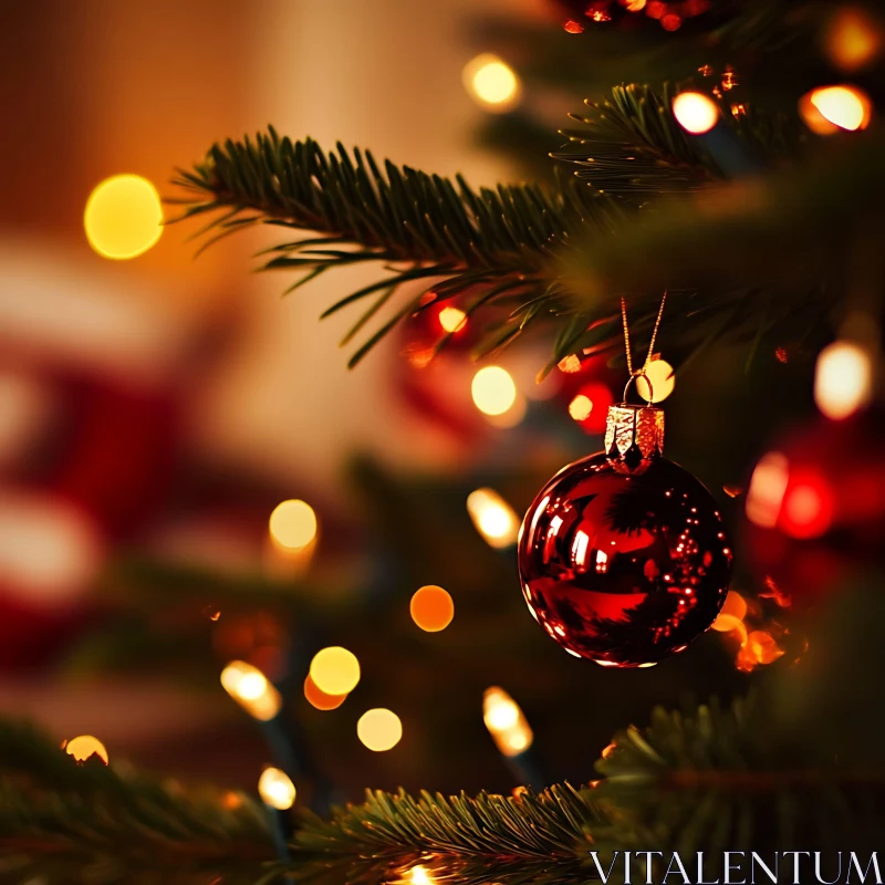 Festive Christmas Tree with Red Bauble and Glowing Lights AI Image