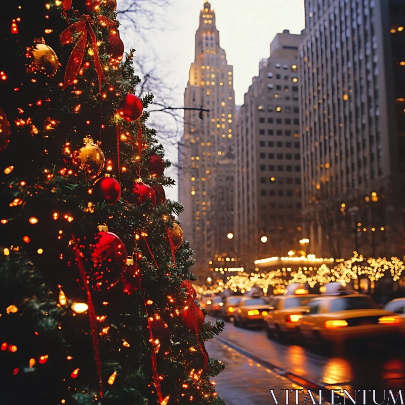 Urban Holiday Spirit with Christmas Tree and City Lights AI Image