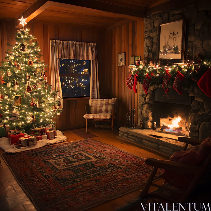 Festive Living Room with Christmas Decorations AI Image