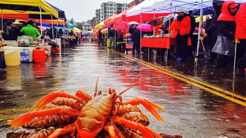 Lobster Stand at Evanston Farmers Market in the Rain - Vibrant Street Decor